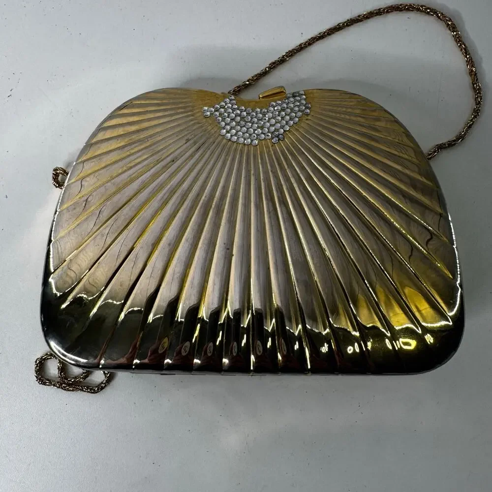 Vintage Lauren Alexandra 1980s  Gold Clamshell Purse Italy with Chain Hong Kong